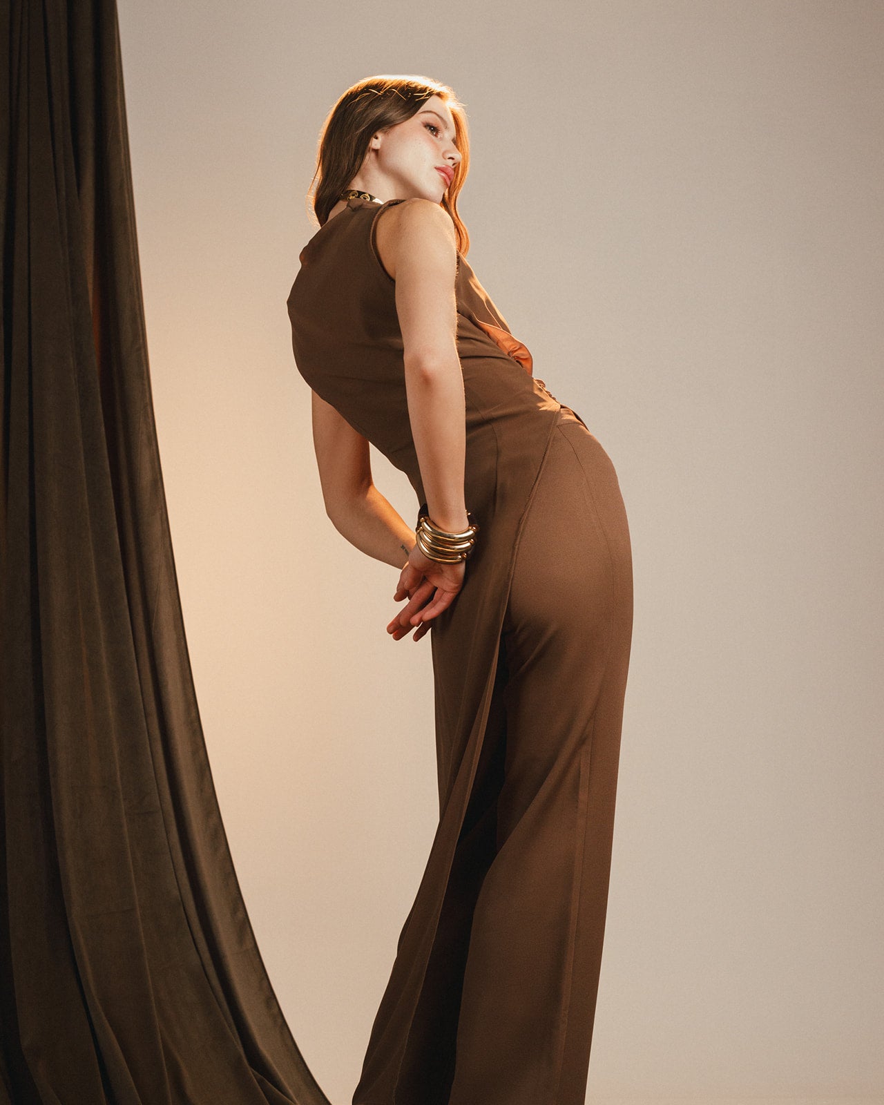 Side draped mocha chiffon set