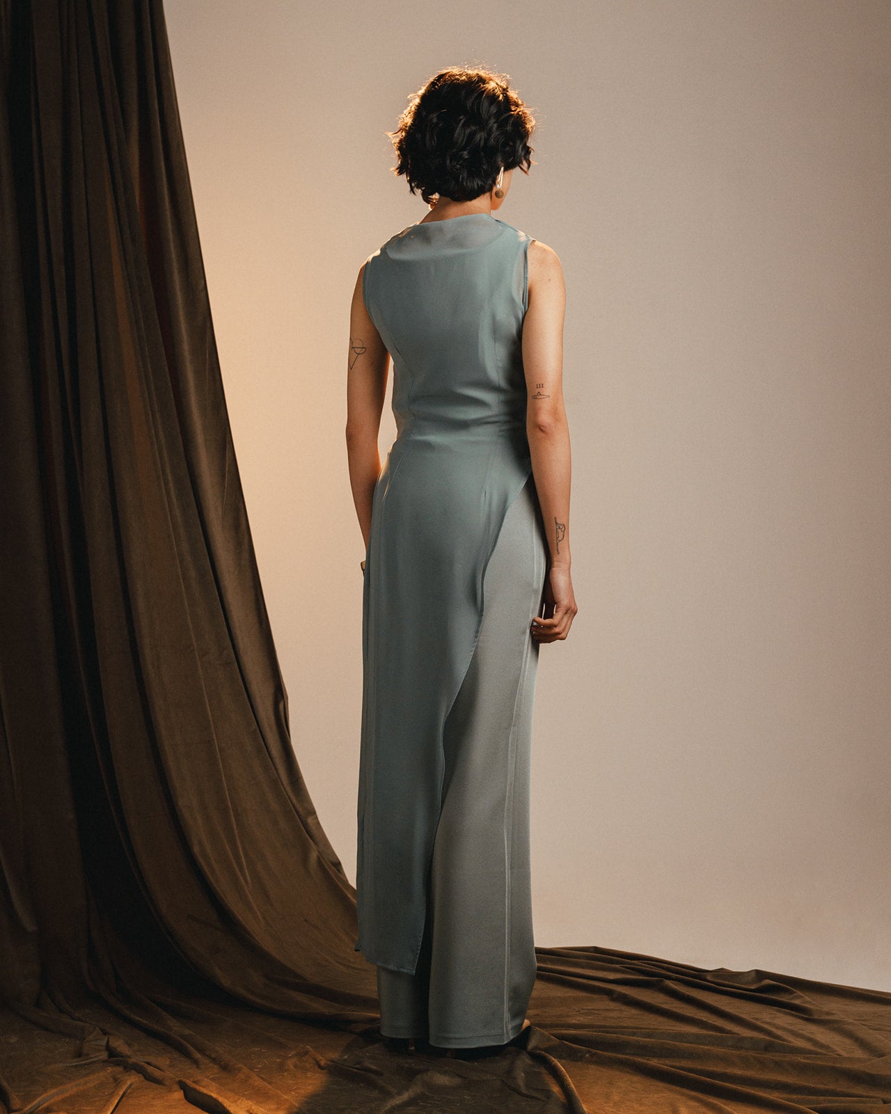 side draped chiffon set
