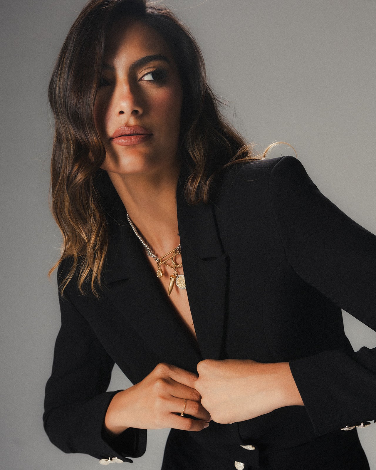 Model wearing MYSHA Midnight cropped blazer - front view