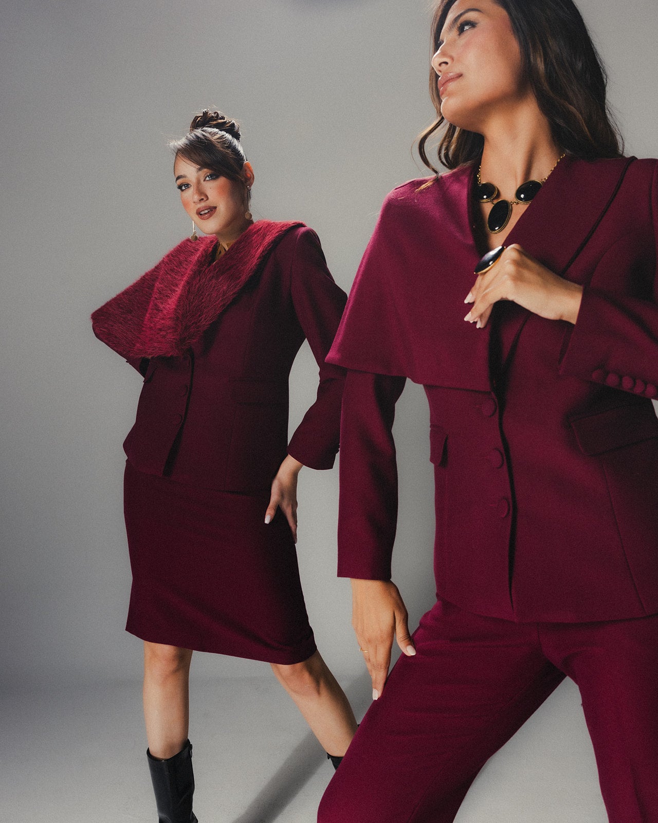 Two models wearing MYSHA Bordeaux blazer with Bordeaux pencil skirt and tailored pants