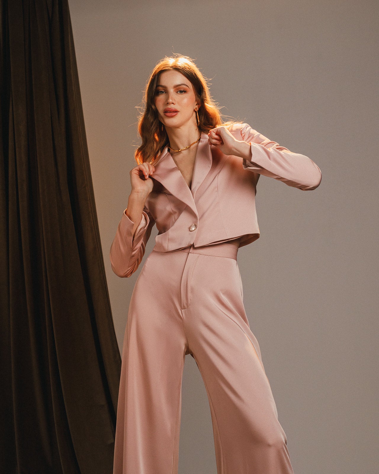 wide legged baby pink satin trousers