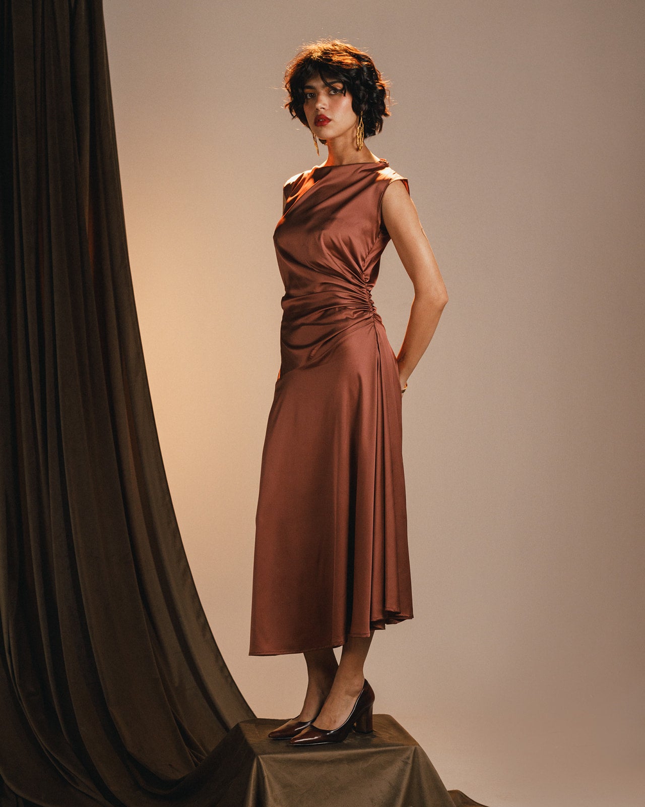 Mocha flowy draping satin dress