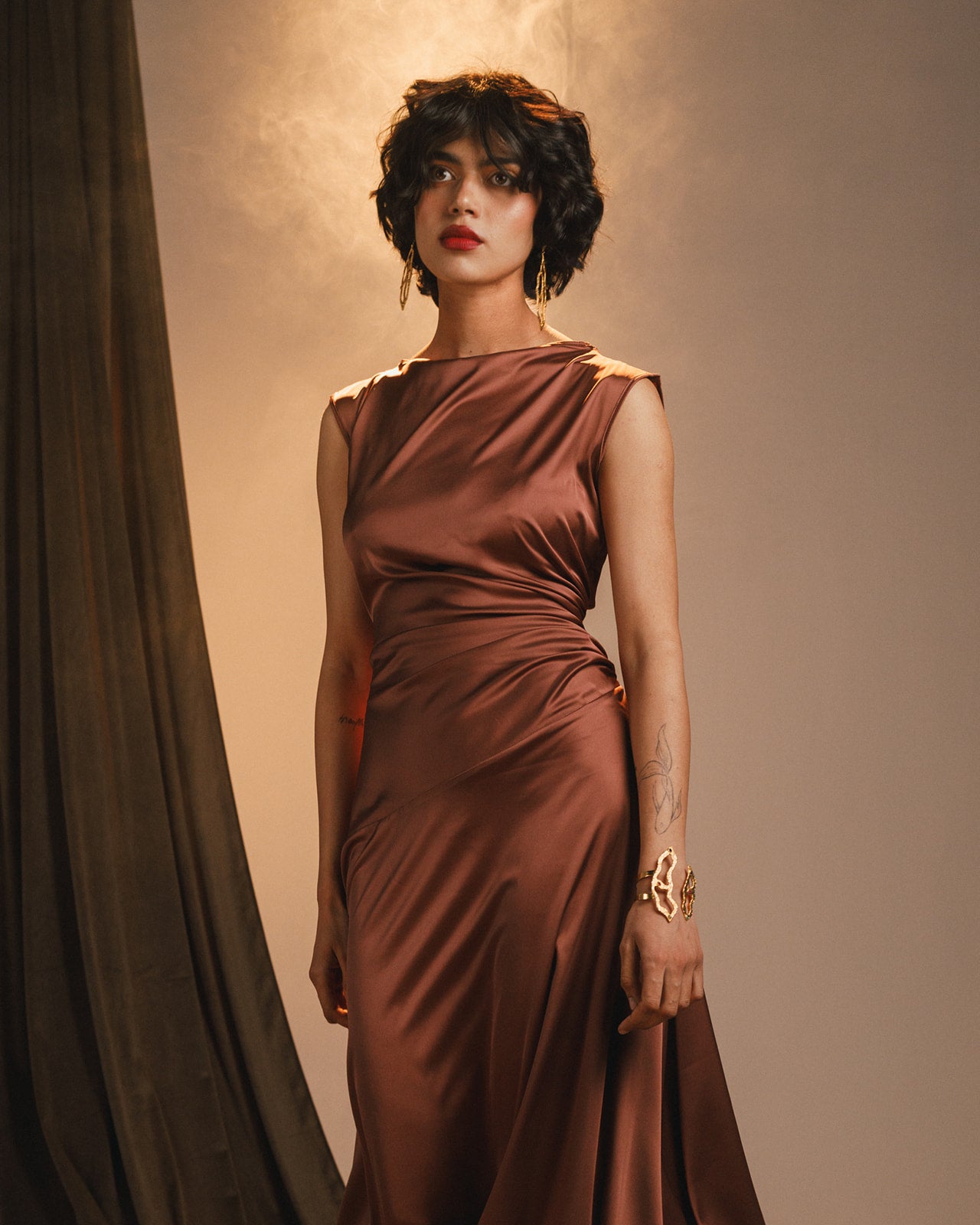 Mocha flowy draping satin dress