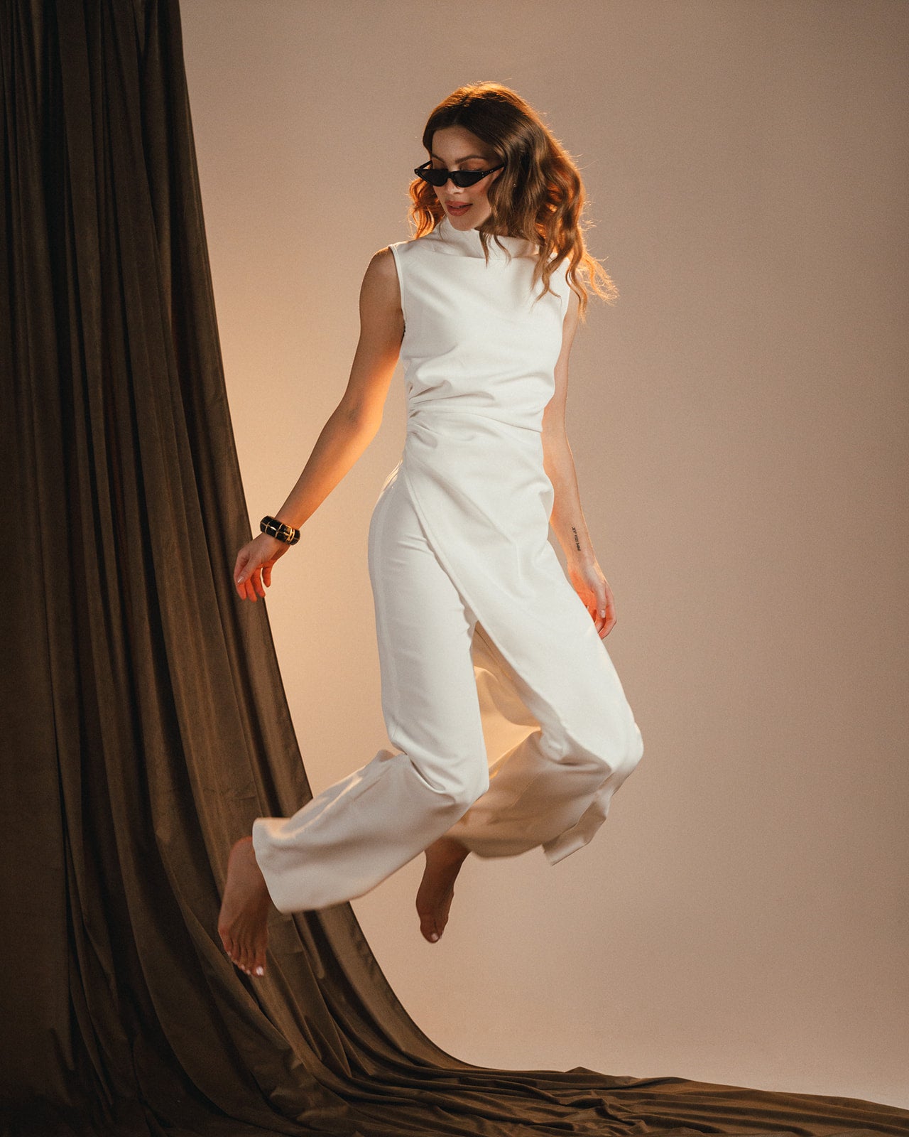 off white asymmetric crepe set with side draping