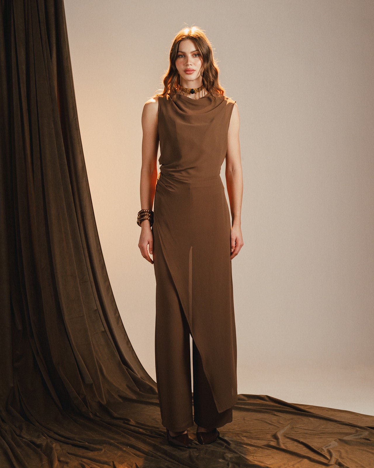 Side draped mocha chiffon set