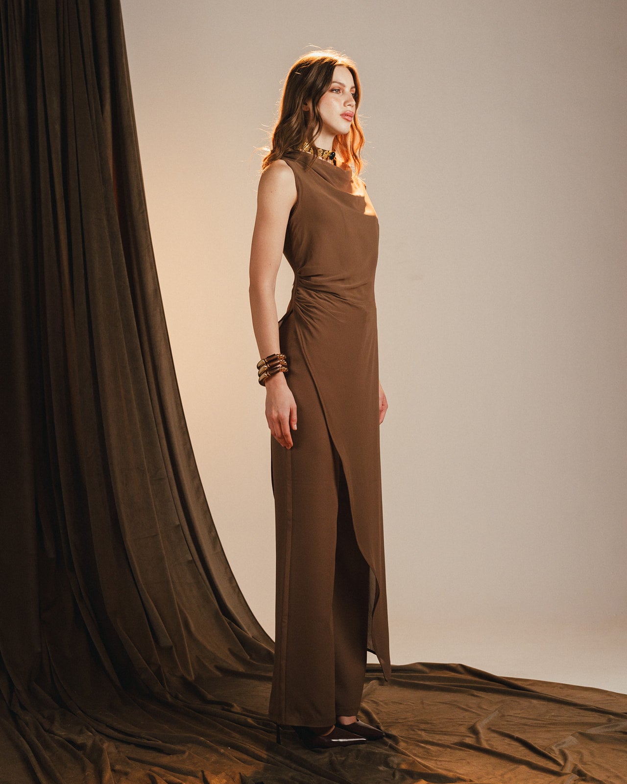 Side draped mocha chiffon set