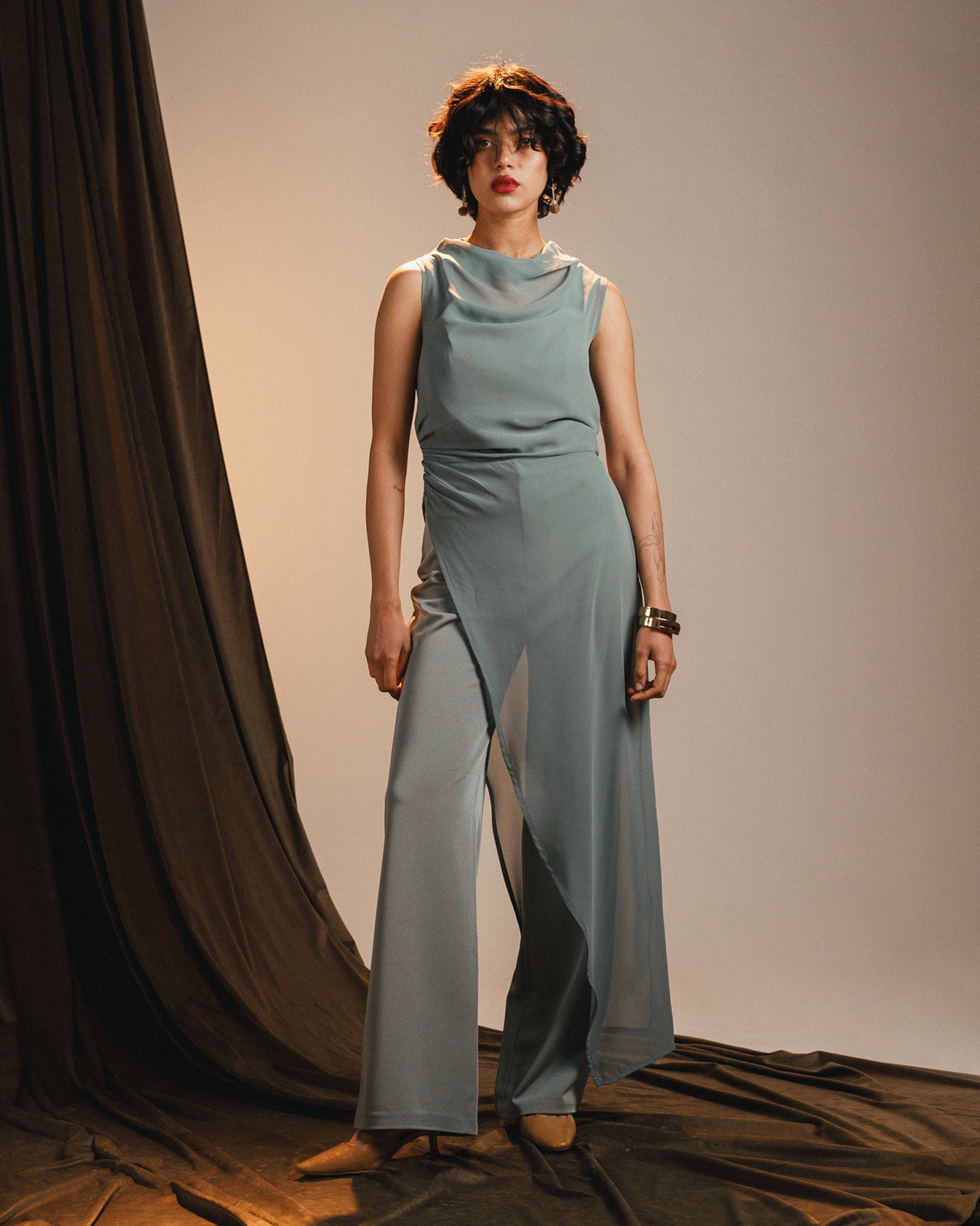 side draped chiffon set
