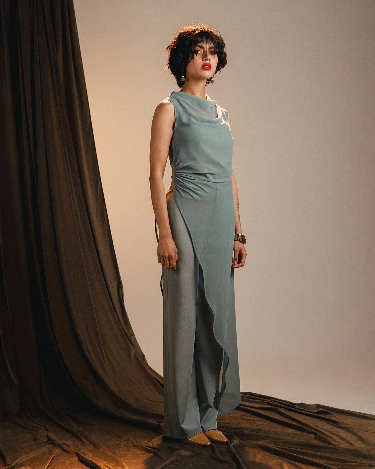 side draped chiffon set