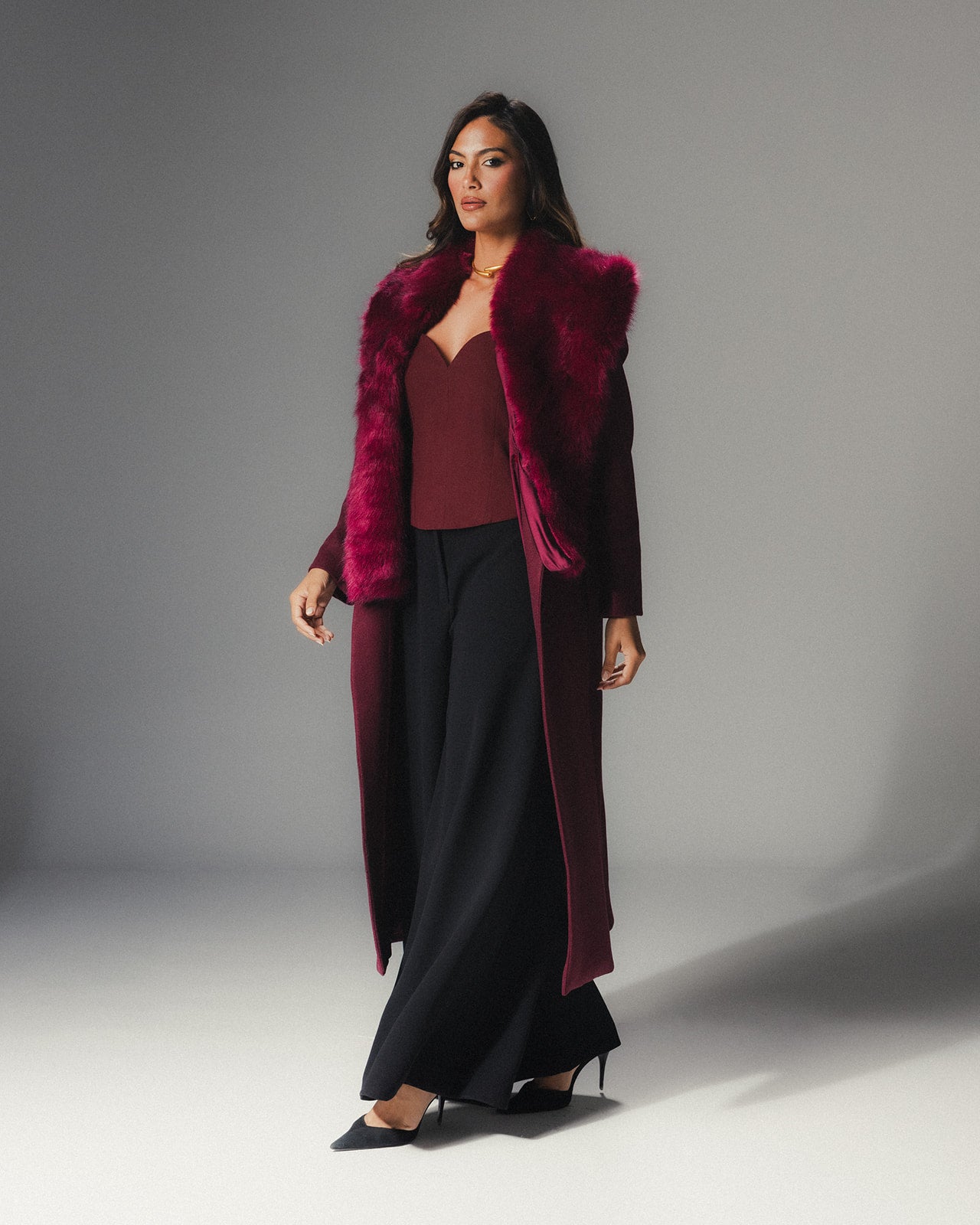 Front view of MYSHA Bordeaux burgundy wool coat with matching detachable fur collar.