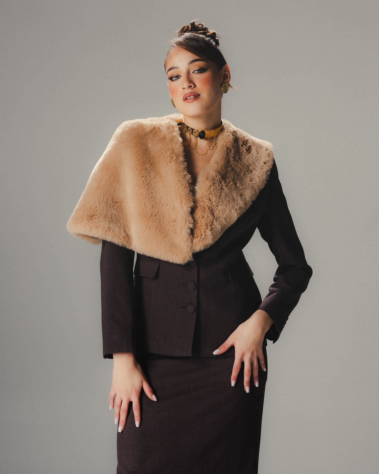 Front view of MYSHA Espresso brown wool blazer with asymmetrical lapel and café-colored fur collar.