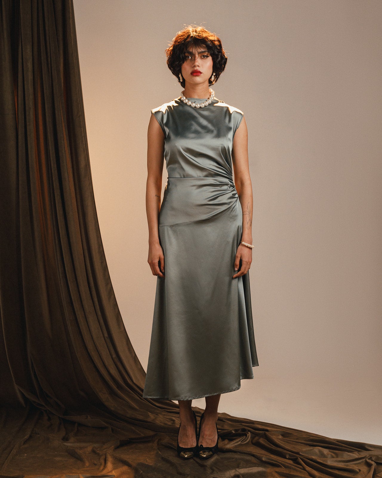Mint flowy satin dress