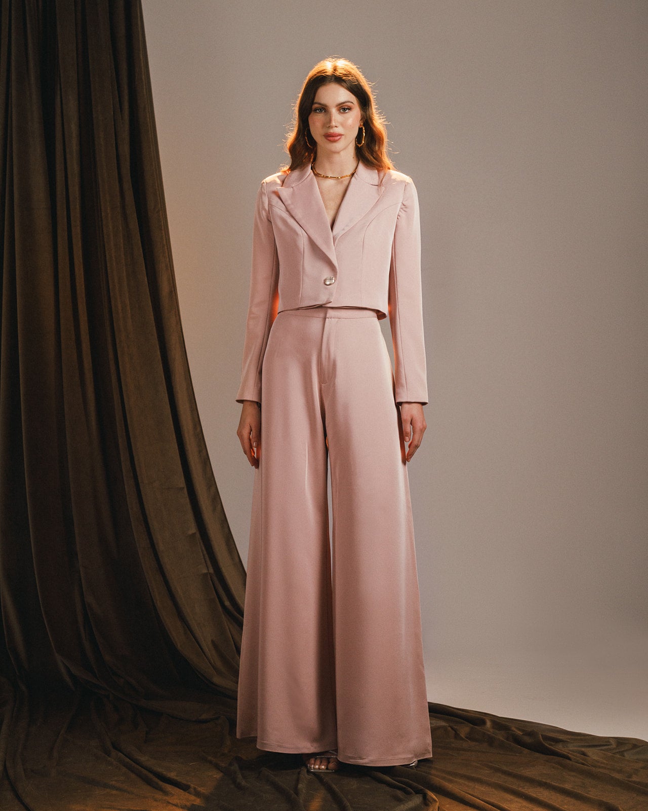 wide legged baby pink satin trousers