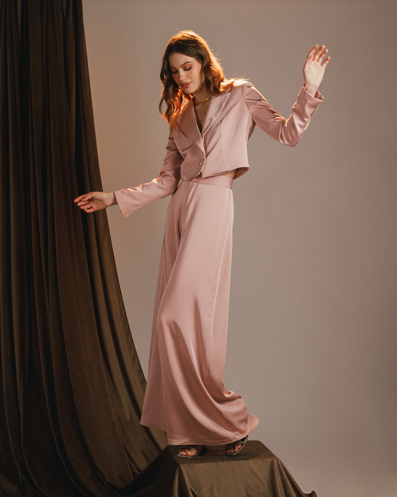 wide legged baby pink satin trousers