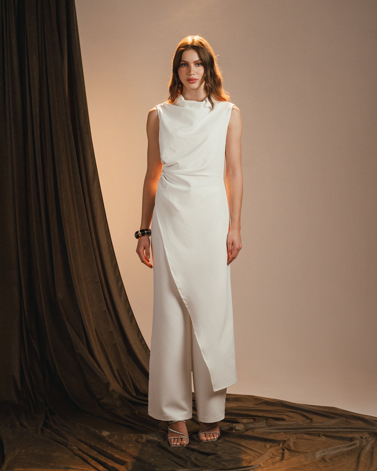 off white asymmetric crepe set with side draping