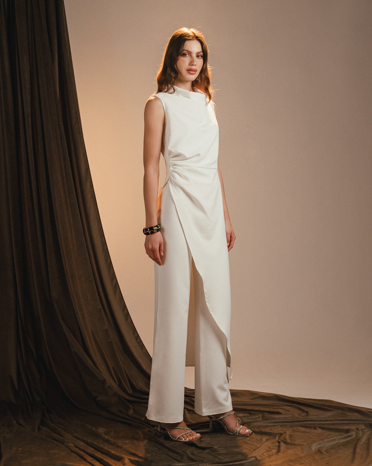 off white asymmetric crepe set with side draping